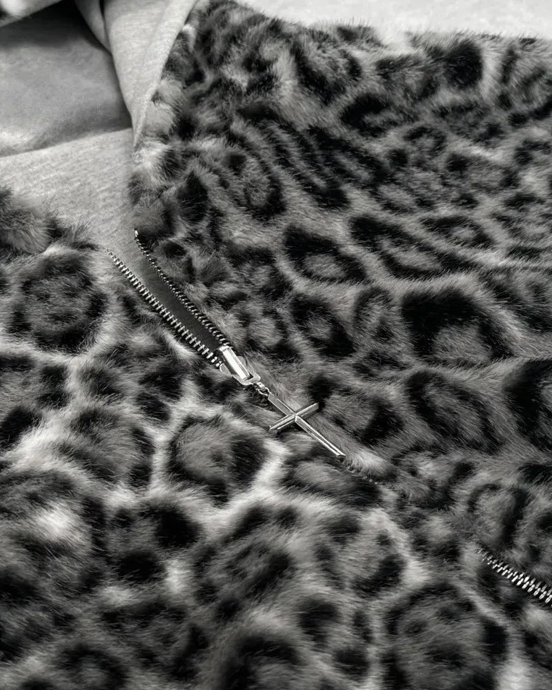 Hip-hop New Two-sided Clothing Harajuku Retro Leopard Print Fashionable Loose Zipper Hoodie Men Street Casual Sweatshirt Women