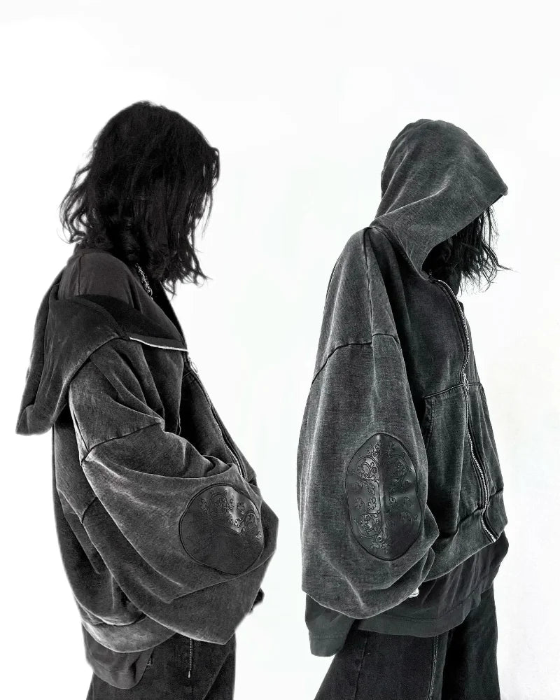 Gothic washed embroidered men hoodie retro hip-hop Y2k zipper hoodie fashionable street pure cotton overweight couple sportswear