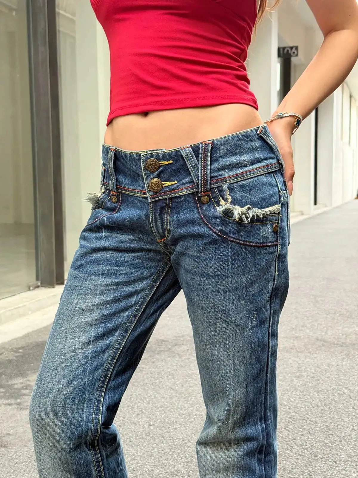 Low Rise JeansWomen's Simple American Retro Y2k Bell Bottom Jeans Stretch Skinny Harajuku Japanese 2000s Japanese Trumpet Pants