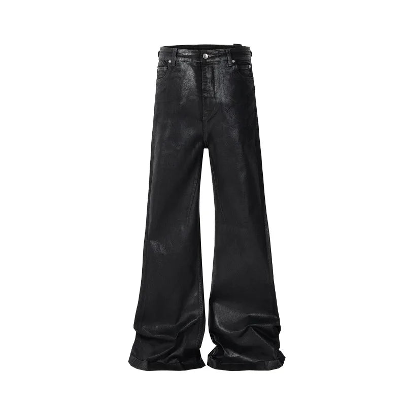 Mens Jeans Harajuku Streetwear Black Wax Leather Denim Pants Y2K Flare Oversized Straight Fit Trousers Gothic High Street New