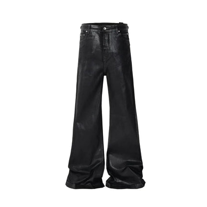 Mens Jeans Harajuku Streetwear Black Wax Leather Denim Pants Y2K Flare Oversized Straight Fit Trousers Gothic High Street New