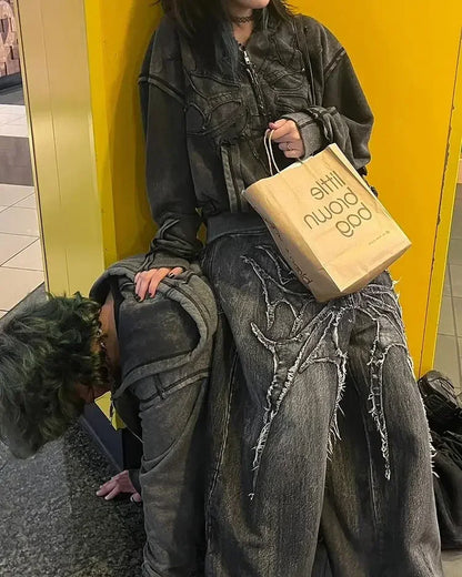 Y2K Baggy Jeans vintage Splicing embroidery Pattern high quality jeans Hip Hop Gothic Streetwear men women Casual wide leg jeans