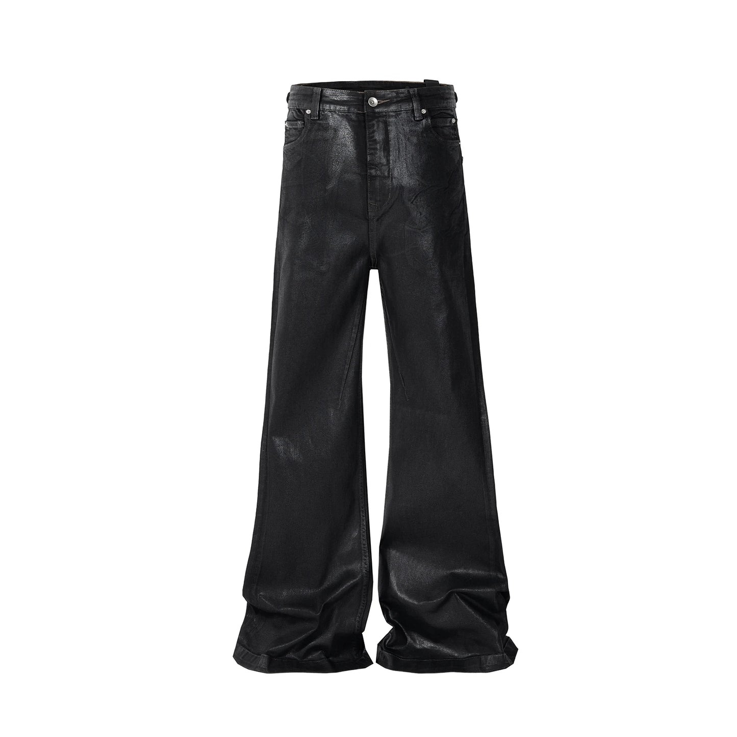 Mens Jeans Harajuku Streetwear Black Wax Leather Denim Pants Y2K Flare Oversized Straight Fit Trousers Gothic High Street New