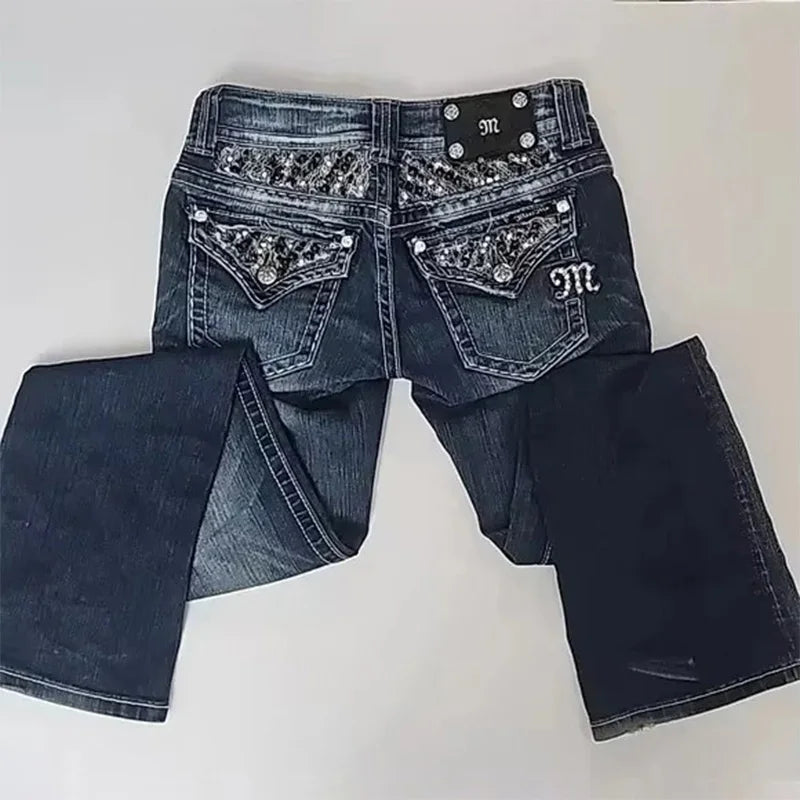 Vintage Goth Harajuku Jeans Y2K Streetwear Clothes Womens Pocket Sequin Washed Blue Slim-fit Jeans Sexy Girls Low-waist Trousers