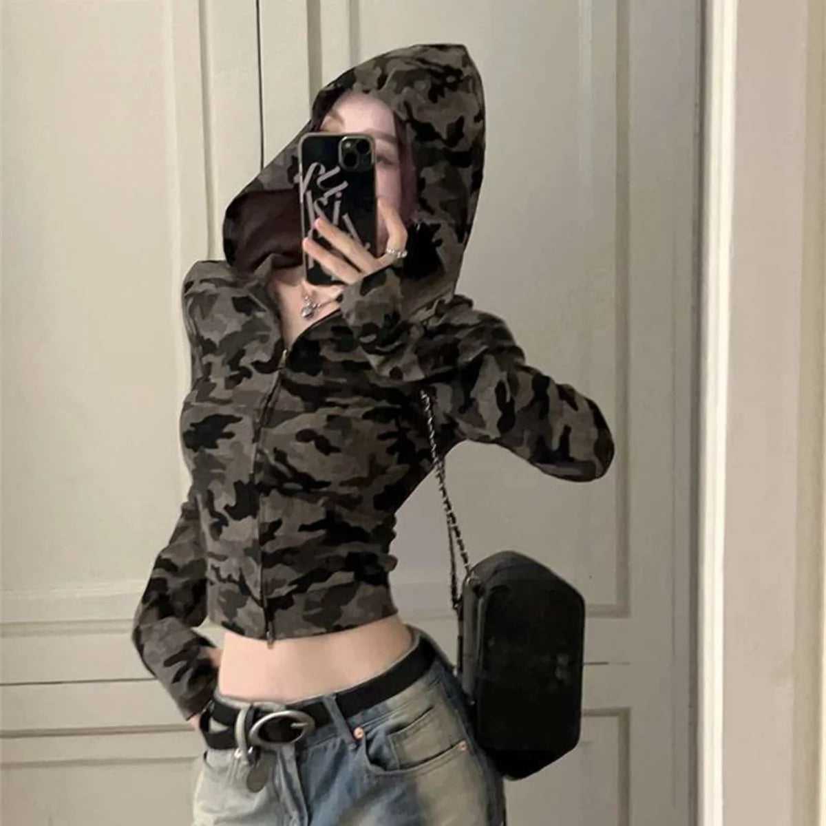 Retro Camo Streetwear Skinny Hooded T-shirts For Women Korean Fashion Camouflage Zipper Up Cropped Tops Chic Autumn Tee Shirts