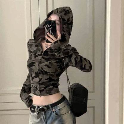 Retro Camo Streetwear Skinny Hooded T-shirts For Women Korean Fashion Camouflage Zipper Up Cropped Tops Chic Autumn Tee Shirts