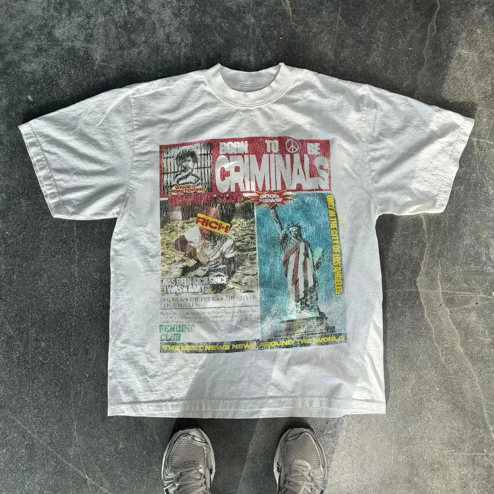 Vintage American High Street Printed Short Sleeve Y2K Sports Top Trend Printed Cotton Casual Loose T-Shirt Unisex