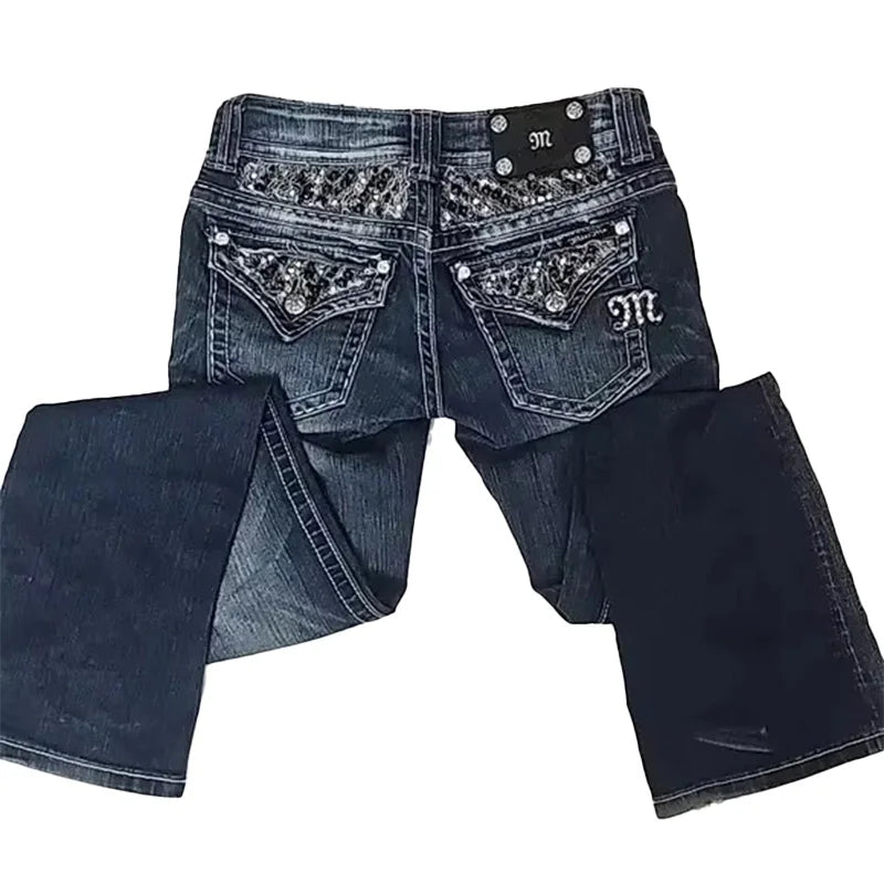 Vintage Goth Harajuku Jeans Y2K Streetwear Clothes Womens Pocket Sequin Washed Blue Slim-fit Jeans Sexy Girls Low-waist Trousers