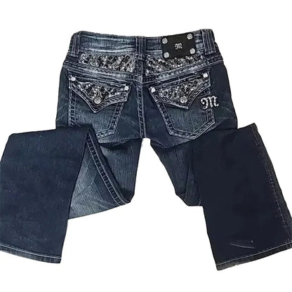 Vintage Goth Harajuku Jeans Y2K Streetwear Clothes Womens Pocket Sequin Washed Blue Slim-fit Jeans Sexy Girls Low-waist Trousers