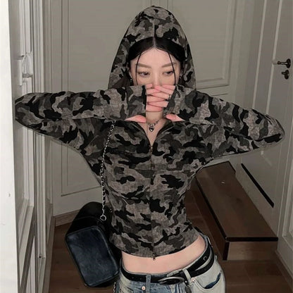 Retro Camo Streetwear Skinny Hooded T-shirts For Women Korean Fashion Camouflage Zipper Up Cropped Tops Chic Autumn Tee Shirts