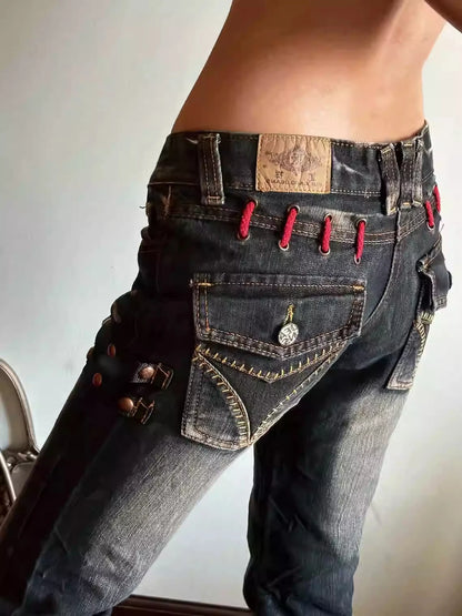 Women's Low Rise Jeans Harajuku Japanese Denim Pants Y2k Skinny Jean Bootcut Jeans High Street American Retro Grunge Cyber Punk