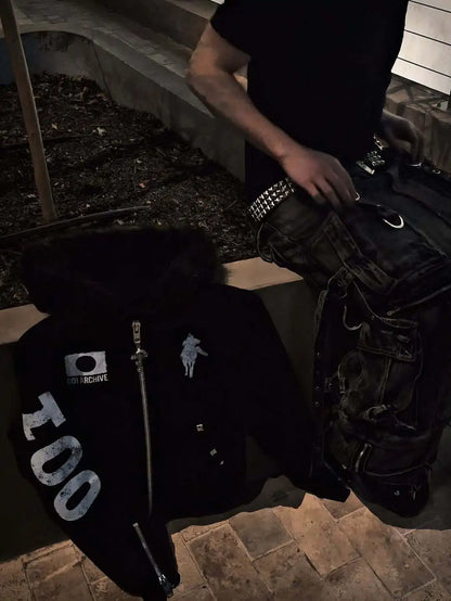 Y2K Japanese Harajuku streetwear European youth rivet fashion wool pullover men's urban casual hooded hip-hop printed sweatshirt