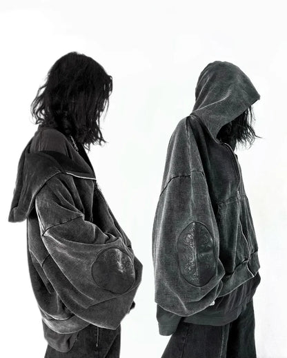 Gothic washed embroidered men hoodie retro hip-hop Y2k zipper hoodie fashionable street pure cotton overweight couple sportswear