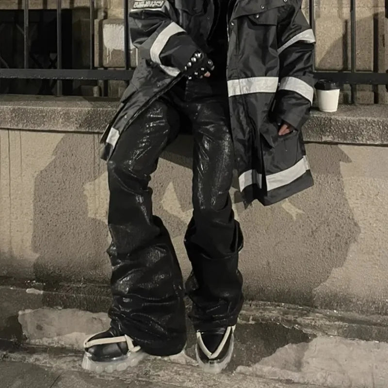 Mens Jeans Harajuku Streetwear Black Wax Leather Denim Pants Y2K Flare Oversized Straight Fit Trousers Gothic High Street New