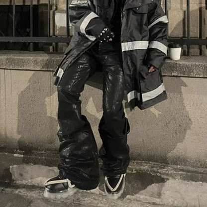 Mens Jeans Harajuku Streetwear Black Wax Leather Denim Pants Y2K Flare Oversized Straight Fit Trousers Gothic High Street New