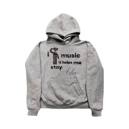 Music Graphic Inspirational Quote Printing Gray Long Sleeve Pullover Hooded Sweatshirt Y2K Men Women Fashion Casual Streetwear