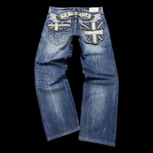 2025 American New Fashion Oversize Pattern Embroidered Baggy Jeans Female Y2K High Street Vintage Punk High Waist Wide Leg Pants