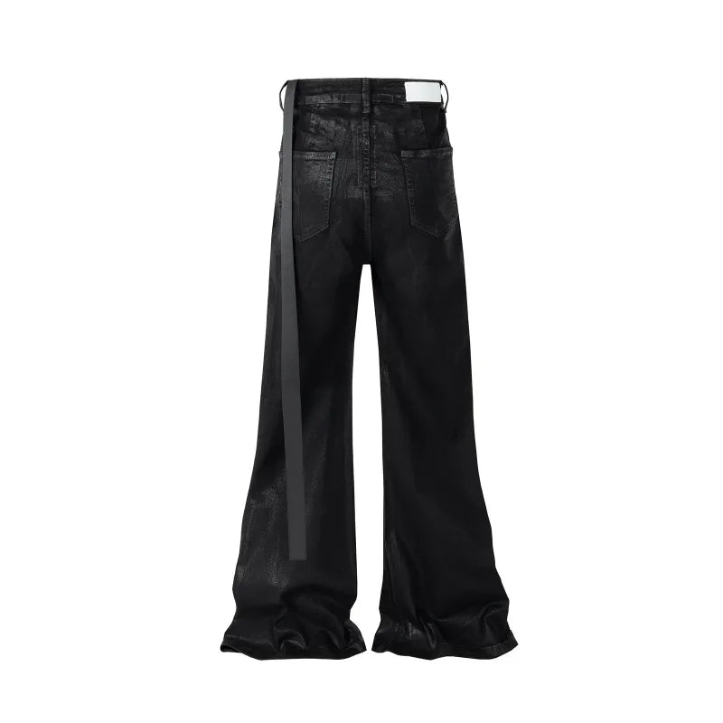 Mens Jeans Harajuku Streetwear Black Wax Leather Denim Pants Y2K Flare Oversized Straight Fit Trousers Gothic High Street New