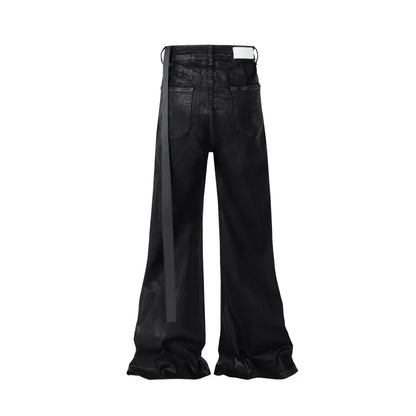 Mens Jeans Harajuku Streetwear Black Wax Leather Denim Pants Y2K Flare Oversized Straight Fit Trousers Gothic High Street New