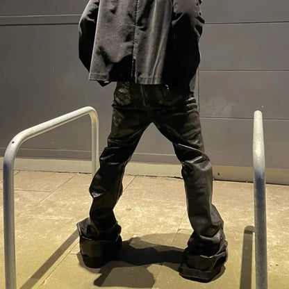 Mens Jeans Harajuku Streetwear Black Wax Leather Denim Pants Y2K Flare Oversized Straight Fit Trousers Gothic High Street New