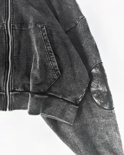 Gothic washed embroidered men hoodie retro hip-hop Y2k zipper hoodie fashionable street pure cotton overweight couple sportswear