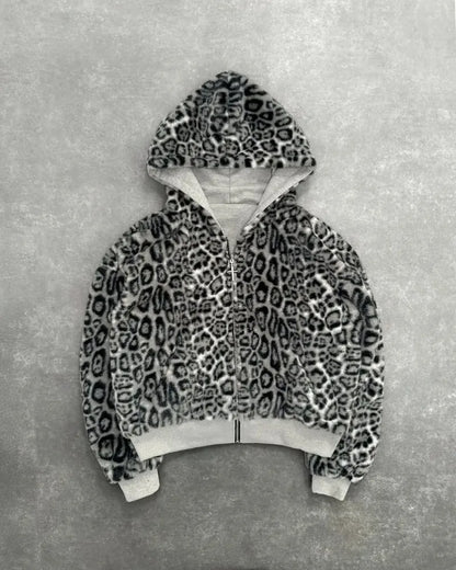 Hip-hop New Two-sided Clothing Harajuku Retro Leopard Print Fashionable Loose Zipper Hoodie Men Street Casual Sweatshirt Women