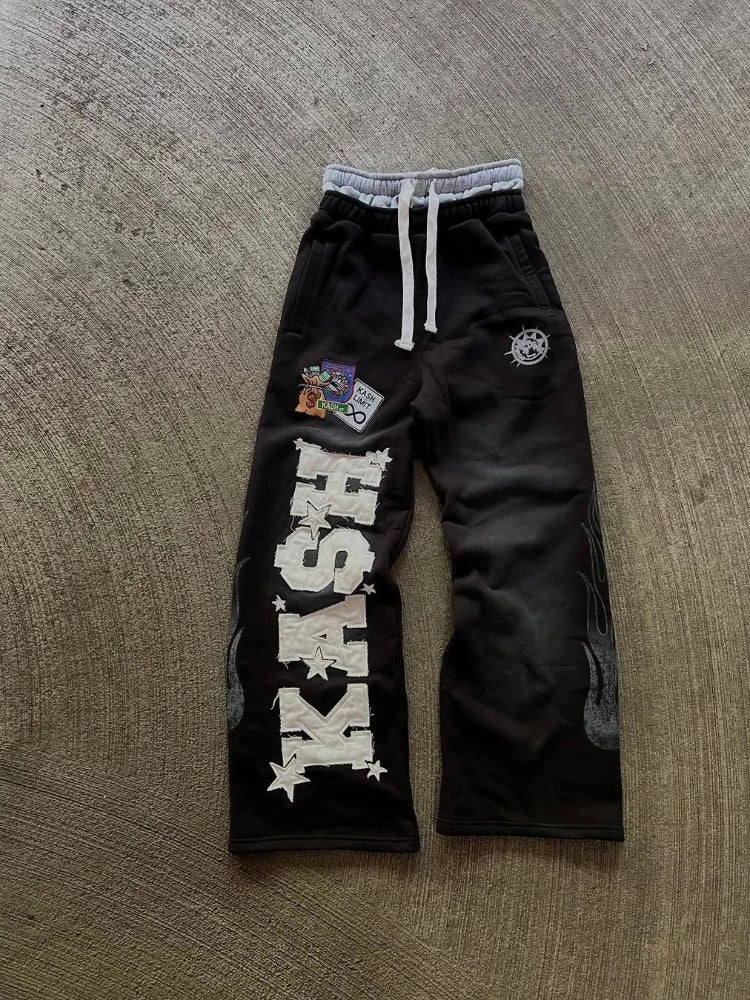 High Street Trendy Pants High Street Ins Trendy Brand Men's and Women's Loose Straight Tube Embroidered Printed Casual Pants