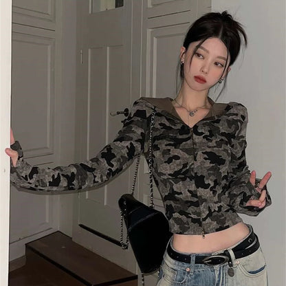Retro Camo Streetwear Skinny Hooded T-shirts For Women Korean Fashion Camouflage Zipper Up Cropped Tops Chic Autumn Tee Shirts