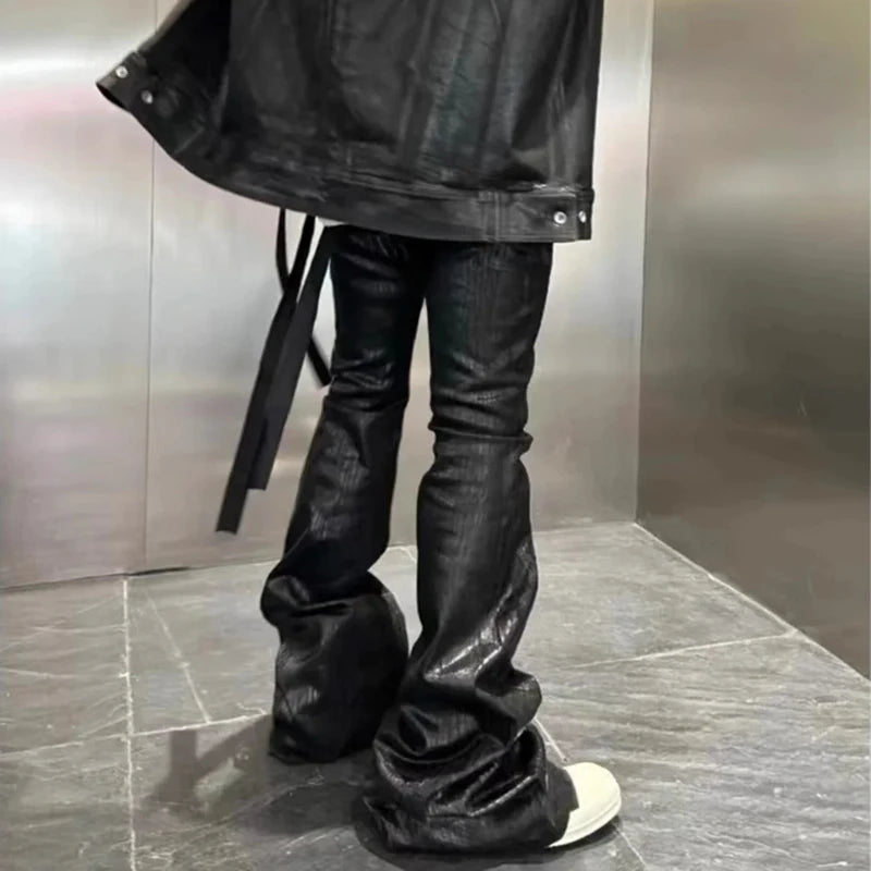 Mens Jeans Harajuku Streetwear Black Wax Leather Denim Pants Y2K Flare Oversized Straight Fit Trousers Gothic High Street New