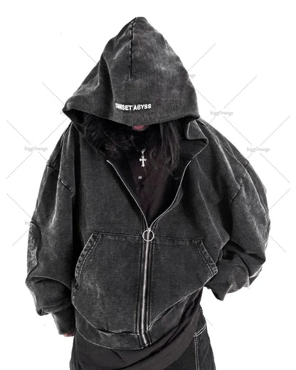 Gothic washed embroidered men hoodie retro hip-hop Y2k zipper hoodie fashionable street pure cotton overweight couple sportswear