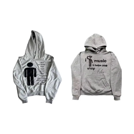 Music Graphic Inspirational Quote Printing Gray Long Sleeve Pullover Hooded Sweatshirt Y2K Men Women Fashion Casual Streetwear